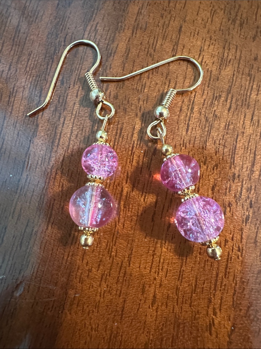 Pink Glass Bead Drop Earrings with Gold Tone Wires